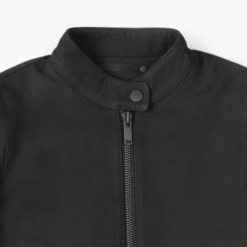 Black Matte Leather Jacket with Plush Interior and Lifetime Zipper